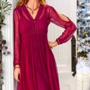 Sundance TIME AFTER TIME Dress Sz 10 in Garnet Sheer Over Dress with Slip Lining